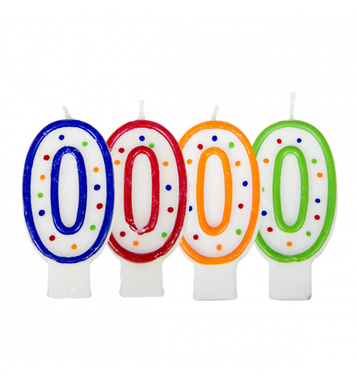 Geburtstagskerze Ziffer / Zahl 0 - Weiß mit bunten Punkten