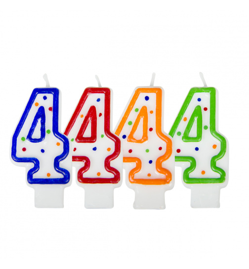 Geburtstagskerze Ziffer / Zahl 4 - Weiß mit bunten Punkten