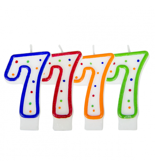 Geburtstagskerze Ziffer / Zahl 7 - Weiß mit bunten Punkten