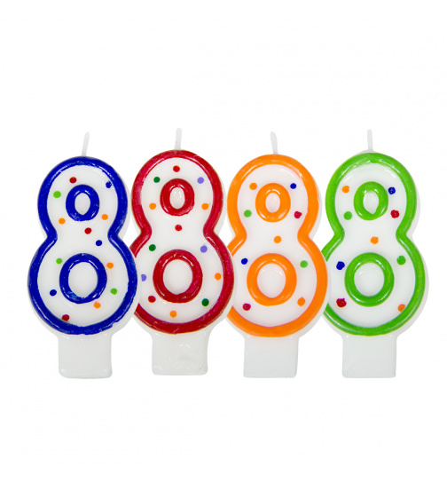 Geburtstagskerze Ziffer / Zahl 8 - Weiß mit bunten Punkten