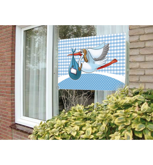 Geburt Junge Fahne fürs Fenster mit Storch - 60x90 cm
