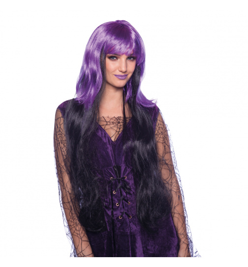 Hexenperücke lange Haare Lila-Schwarz