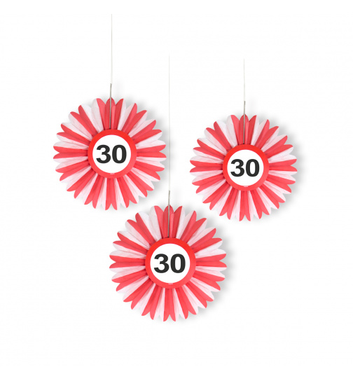 30. Geburtstag Wabenfächer Hängedeko mit Verkehrsschild - 3 Stück