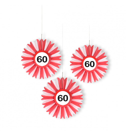 60. Geburtstag Wabenfächer Hängedeko mit Verkehrsschild - 3 Stück