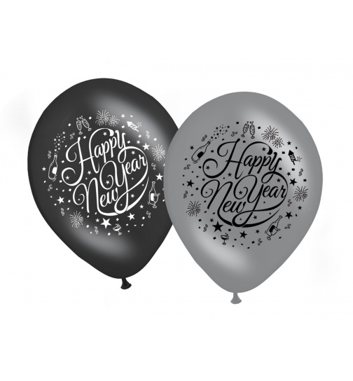 Silvester / Neujahr / Happy New Year Ballons Schwarz-Silber 30 cm - 8 Stück