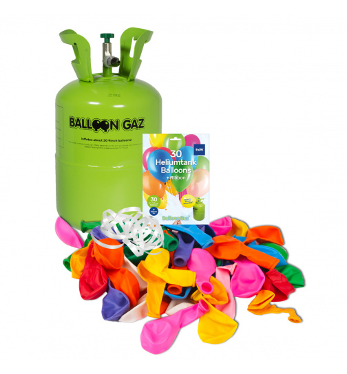 Heliumflasche BalloonGaz mit 30 Ballons und Bändern in verschiedenen Farben