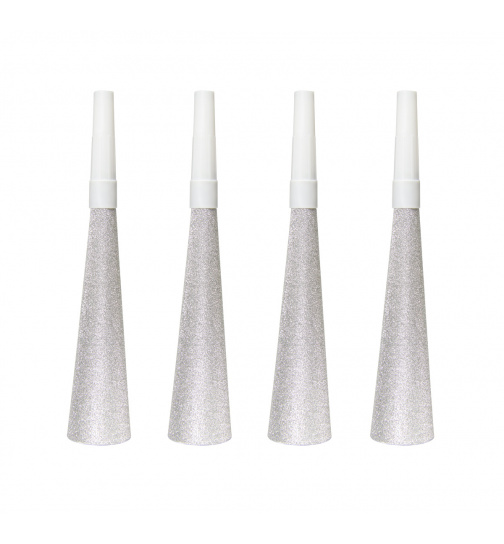 Silberfarbene Glitter Tröten 19 cm - 4 Stück