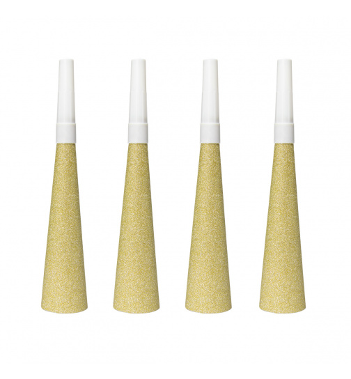 Goldfarbene Glitter Tröten 19 cm - 4 Stück