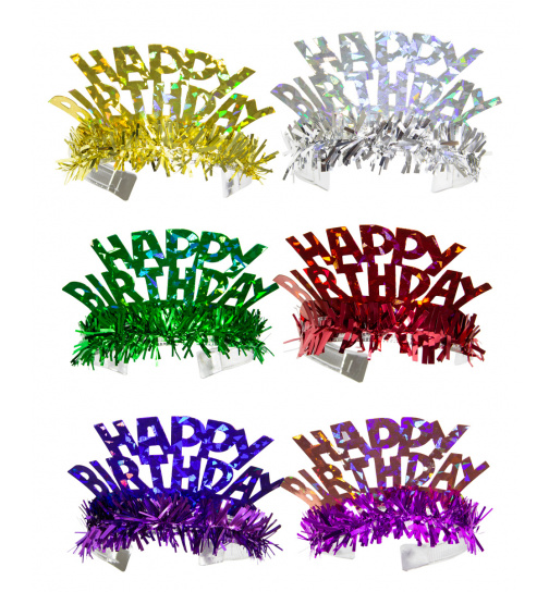 Mehrfarbige Holografische Happy Birthday Tiaras - 6 Stück