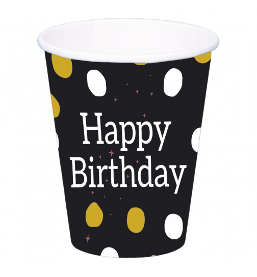 Pappbecher - Glossy Black Happy Birthday - 250 ml - 8 Stück