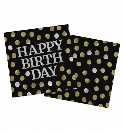 Servietten Glossy Black Happy Birthday 33x33cm - 20 Stück