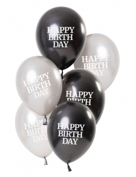 Ballons Glossy Black Happy Birthday 23cm - 6 Stück