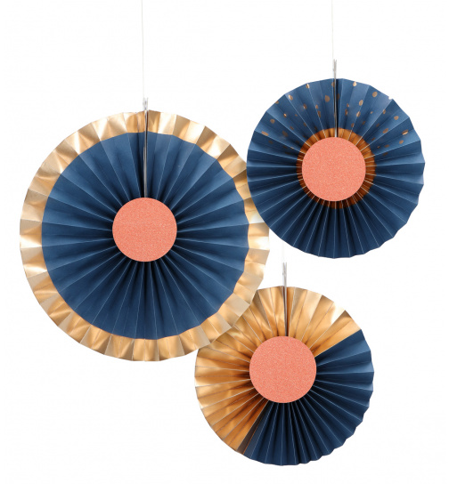 Papier-Fächer Rosetten Elegant True Blue - 3 Stück