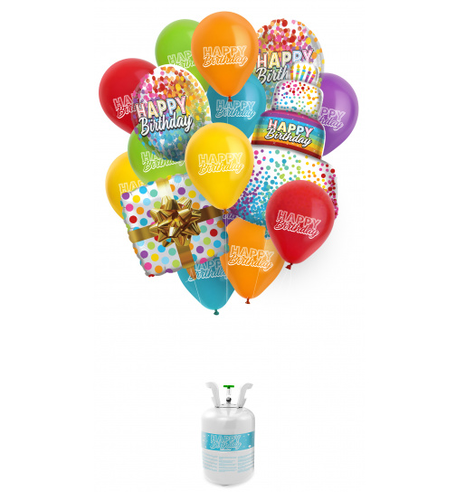 Heliumflasche BalloonGaz 30 Happy Birthday mit Ballons und Bändern