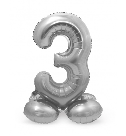Stehender Folienballon Ziffer / Zahl 3 Silber - 72 cm